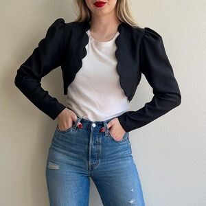 Vintage 1980s Black Cropped Jacket With Scallop Hemline (XS/S)